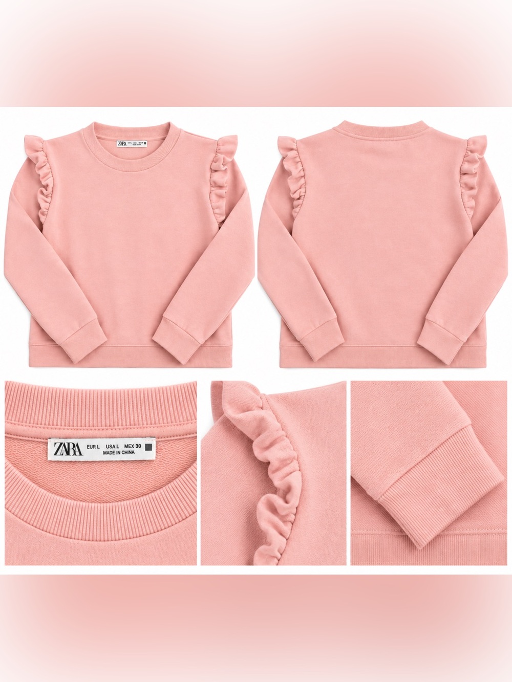 Zara Women’s Pink Ruffle Shoulder Sweatshirt – Size L